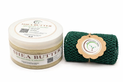 Organic Shea Butter & African Exfoliating Sponge Set | Deep Moisture, Natural Glow Routine(4z/50in)