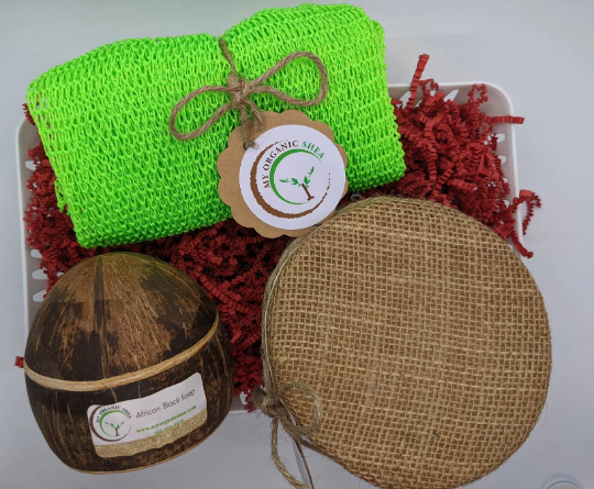 Natural Shea Butter Gift Set: African Soap, Coconut Shell, Bath Sponge