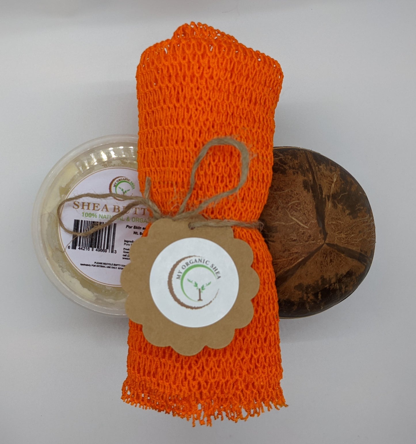 Natural Shea Butter Gift Set: African Soap, Coconut Shell, Bath Sponge