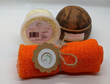 Personal Gift Set (organic shea butter, black soap in handmade coconut shell container and exfoliating bath sponge
