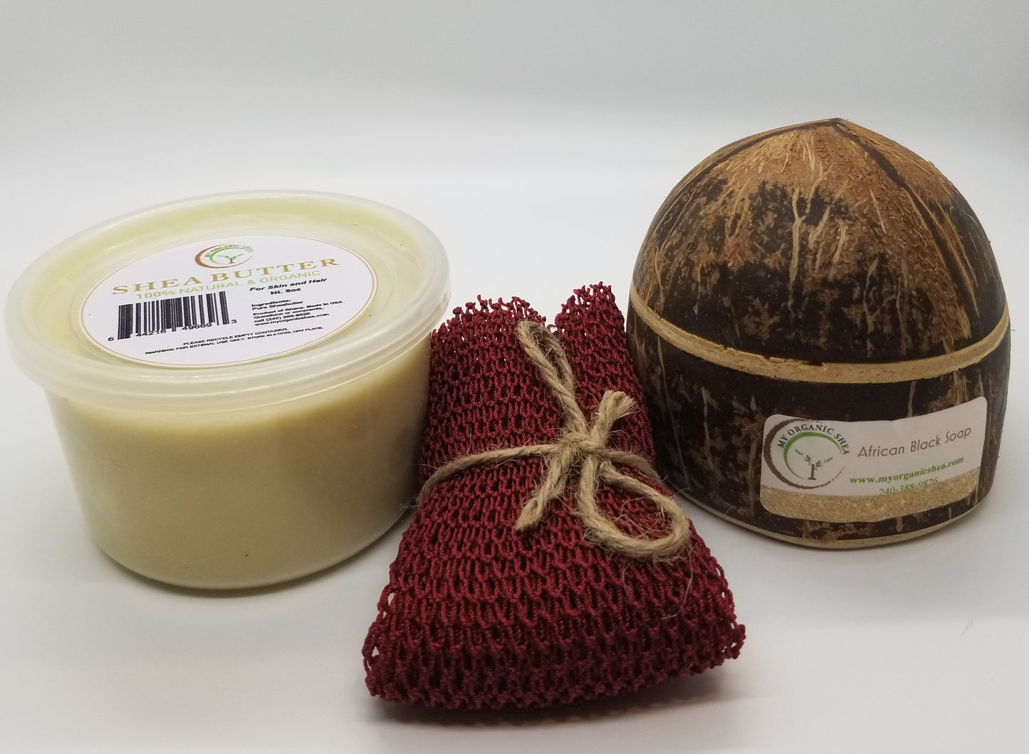 Natural Shea Butter Gift Set: African Soap, Coconut Shell, Bath Sponge