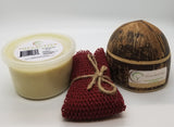 Personal Gift Set (organic shea butter, black soap in handmade coconut shell container and exfoliating bath sponge