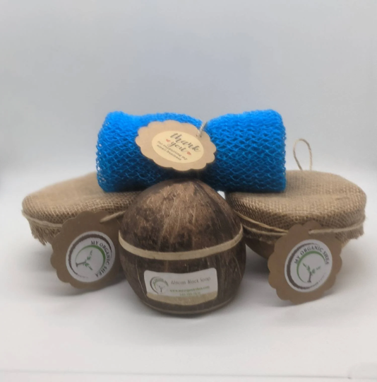 Natural Shea Butter Gift Set: African Soap, Coconut Shell, Bath Sponge