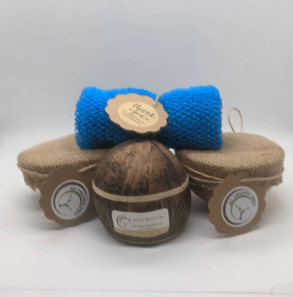 Natural Shea Butter Gift Set: African Soap, Coconut Shell, Bath Sponge