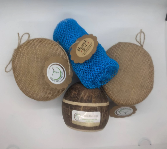 Natural Shea Butter Gift Set: African Soap, Coconut Shell, Bath Sponge