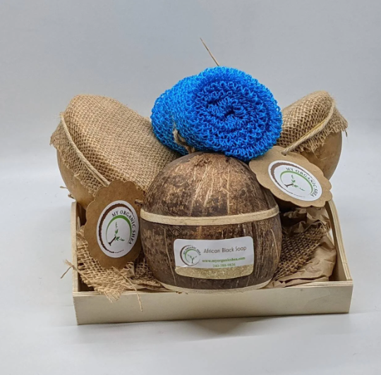Natural Shea Butter Gift Set: African Soap, Coconut Shell, Bath Sponge