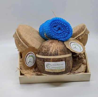Natural Shea Butter Gift Set: African Soap, Coconut Shell, Bath Sponge