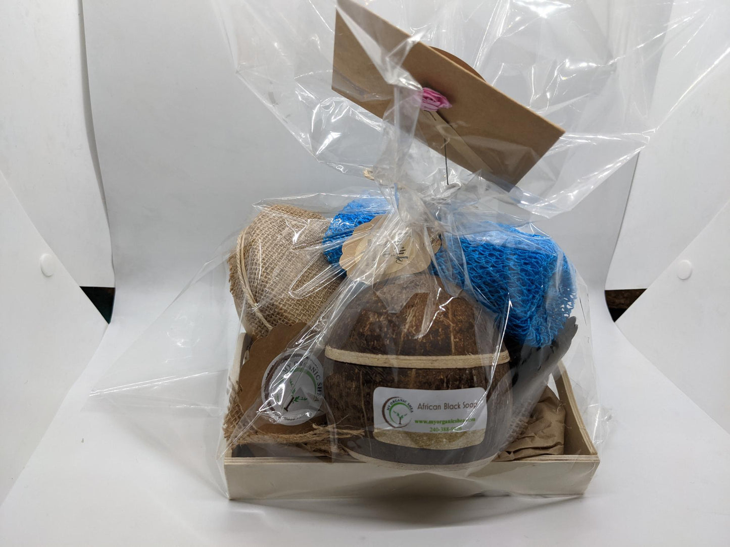 Natural Shea Butter Gift Set: African Soap, Coconut Shell, Bath Sponge